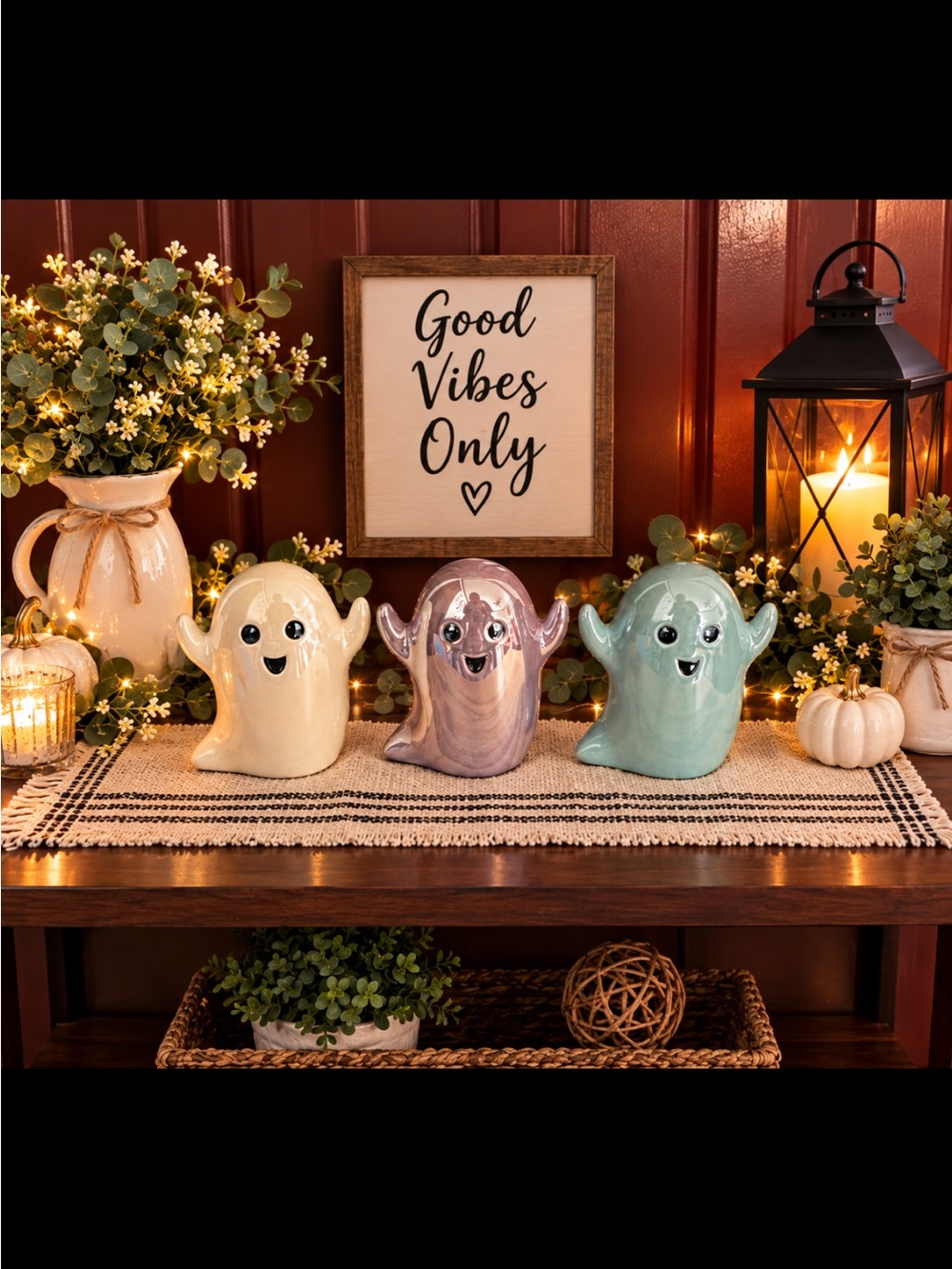 Ceramic Ghost Figurine Trio - Yellow, Purple, Teal - Home Accents